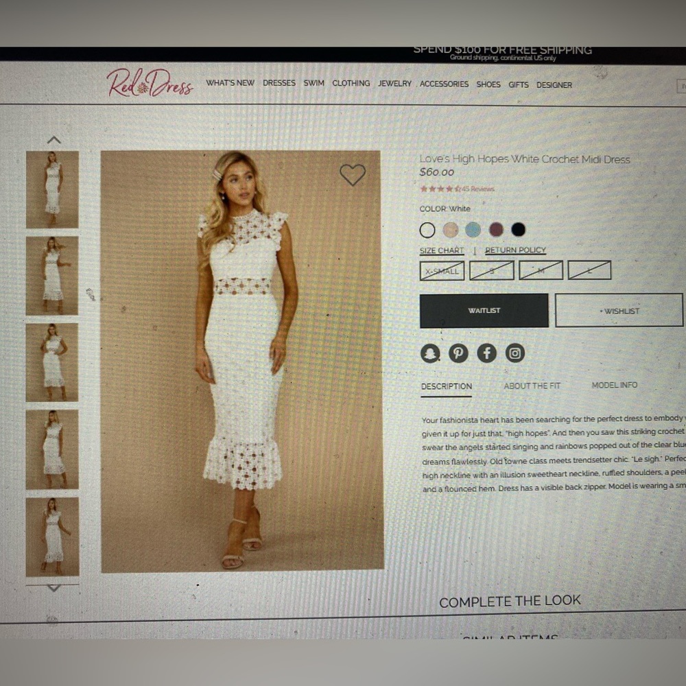 RedDress White Love's High Hopes White Crochet Midi Dress - Size L